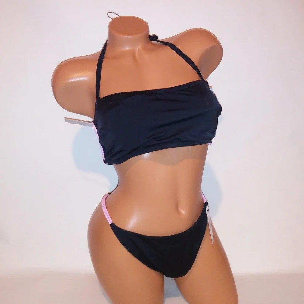 Victoria Secret PINK Swim Bikini Large Top & Bottom Black Pink Bandeau Braided